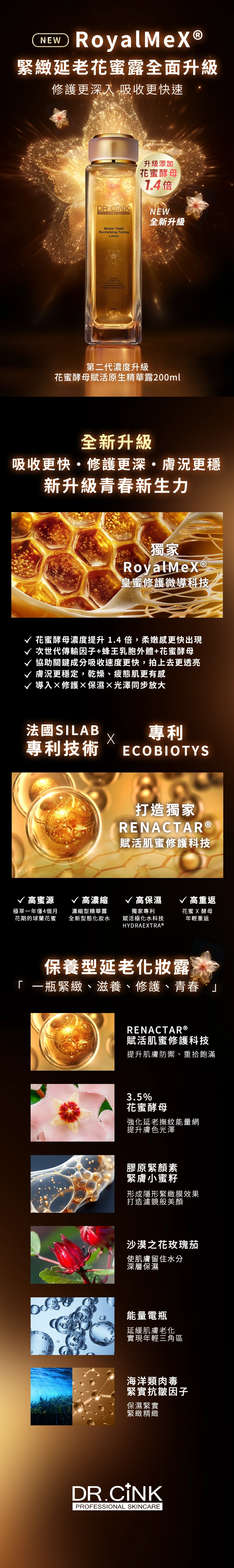 DR.CINK 花蜜酵母賦活原生精華露推薦,2019上市2026花蜜露第二代全面升級,添加1.4倍花蜜酵母,結合RoyalMeX皇蜜修護科技與RENACTAR賦活肌蜜修護科技,打造修護、保濕、緊緻與光澤同步提升的肌蜜修護化妝水。